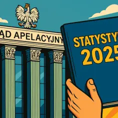 Budynek sądu apelacyjnego z orłem i ręka trzymająca książkę "Statystyki 2025".