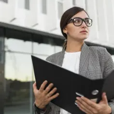 Kobieta w okularach trzyma czarną teczkę przed nowoczesnym budynkiem.