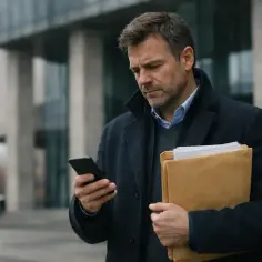 Mężczyzna w płaszczu trzyma teczkę i patrzy na telefon przed nowoczesnym budynkiem.